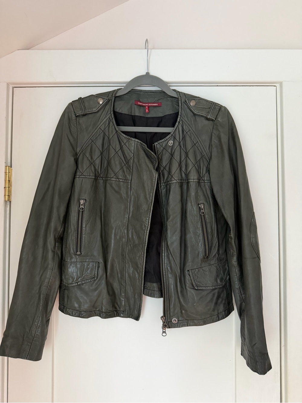Comptoir Des Cotonniers Olive Green Leather Moto Jacket